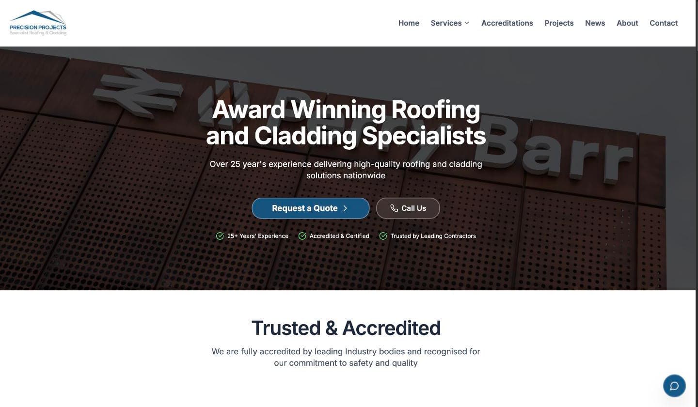 Homepage of Precision Projects, a roofing and cladding contractor.